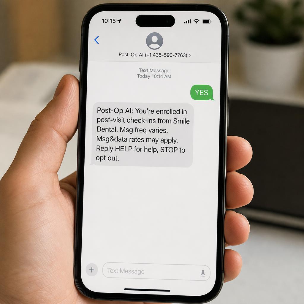 Phone screenshot showing the Post-Op AI confirmation text message with STOP and HELP keyword instructions after a patient opts in.